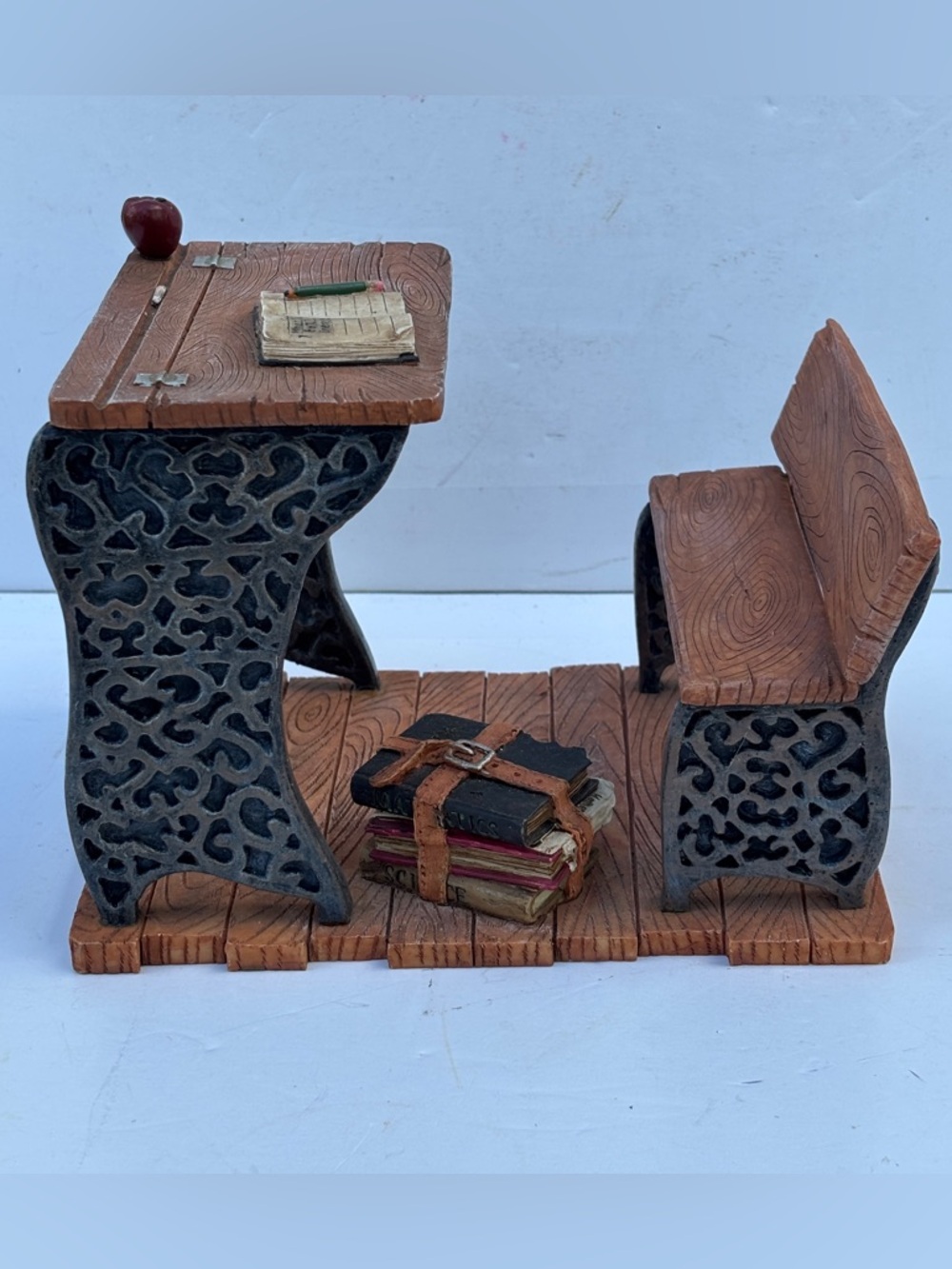 VTG Antique School Desk Miniature notebook, apple, books, bench seat, chalkboard